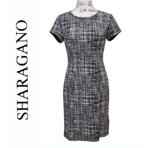 SHARAGANO Black and White Grid Print Zipper Decor Shift Office Dress SIZE 4